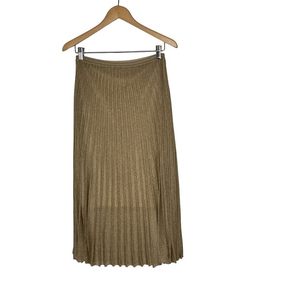 VINCE Pleated Gold Bronze Metallic Crochet Knit Midi Skirt Lined Size M - Picture 9 of 16